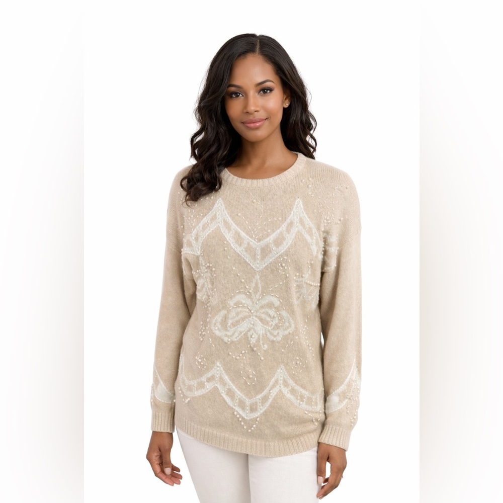 Vintage 90s Beaded Knit Sweater Pearl Embellished Pullover